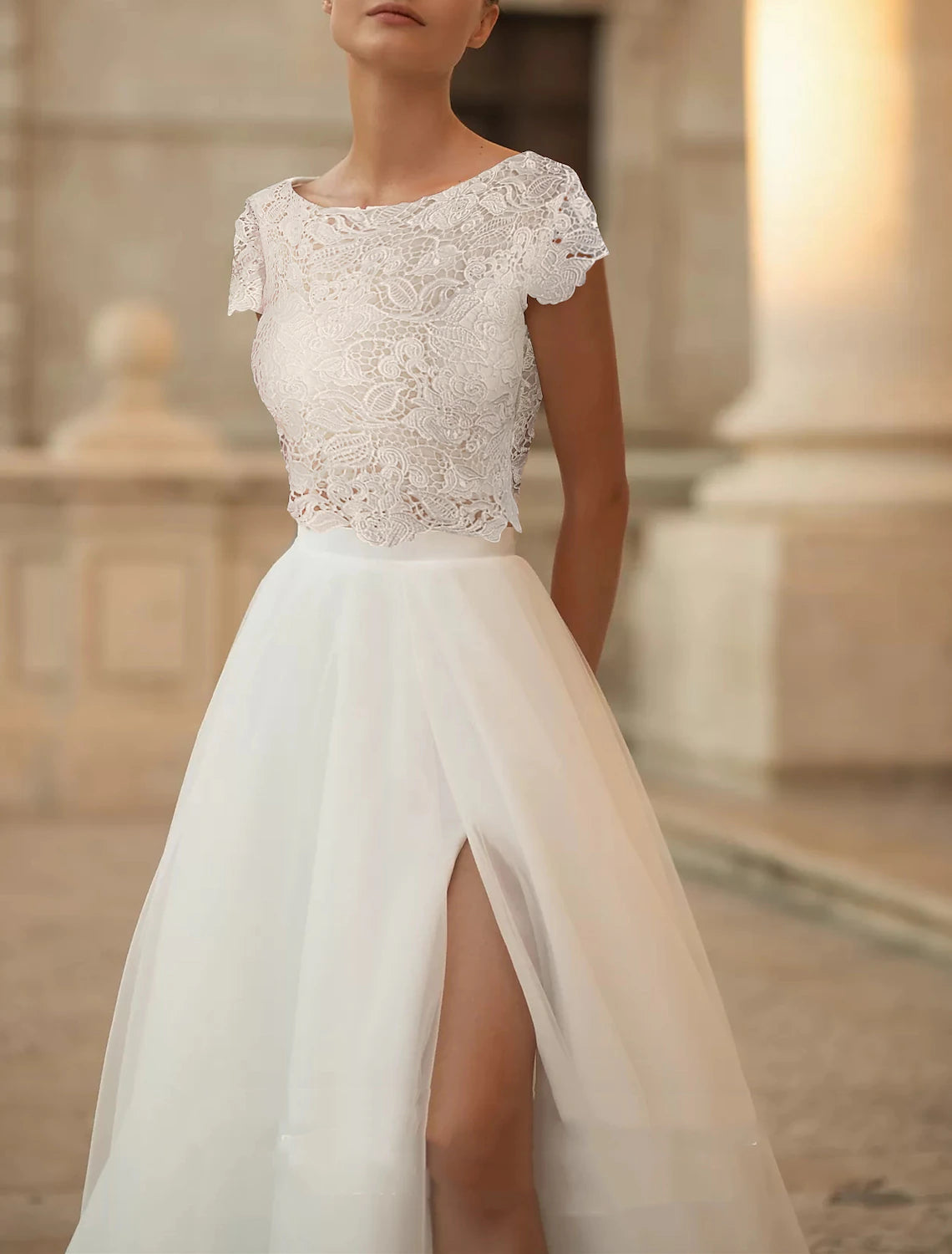 Beach Boho Wedding Dresses Two Piece Scoop Neck Cap Sleeve Sweep / Brush Train Lace Bridal Suits Bridal Gowns With Appliques Split Front