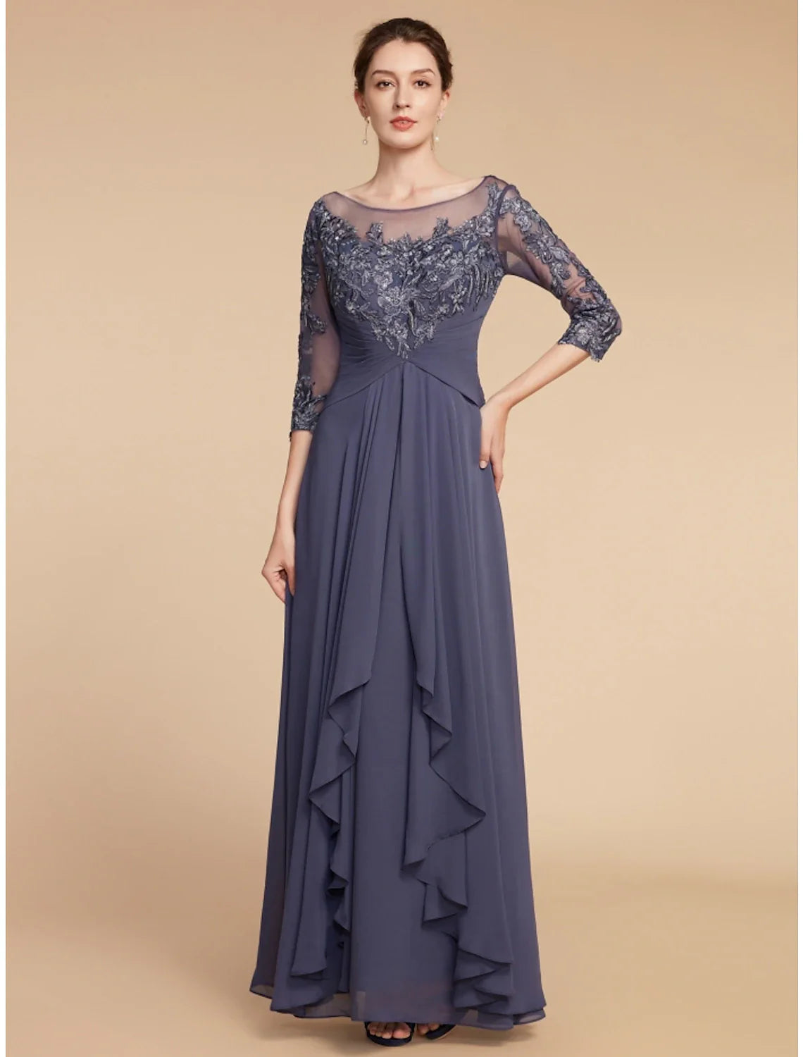 DingjiSheath / Column Mother of the Bride Dress Wedding Guest Elegant Vintage Scoop Neck Ankle Length Chiffon Lace Half Sleeve with Ruffles Ruching