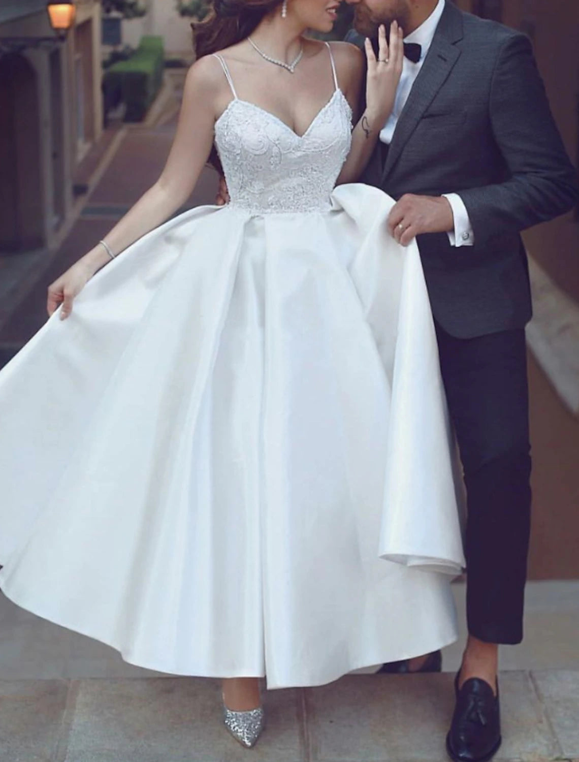 Reception Vintage 1940s / 1950s Little White Dresses Wedding Dresses A-Line Sweetheart Camisole Spaghetti Strap Ankle Length Satin Bridal Gowns With Appliques