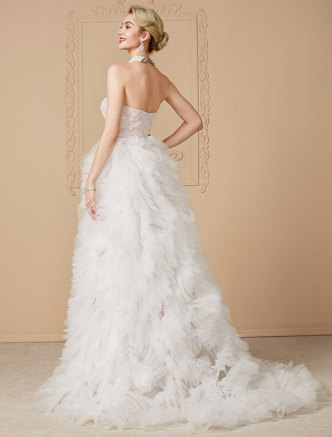 A-Line Wedding Dresses Sweetheart Neckline Sweep / Brush Train Tulle Over Lace Sleeveless Wedding Dress in Color Open Back with Sashes / Ribbons / Removable train