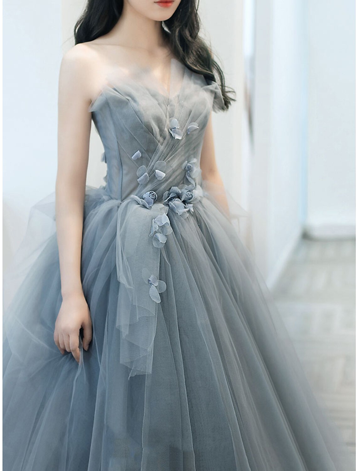 A-Line Prom Dresses Cute Dress Engagement Prom Sweep / Brush Train Sleeveless Strapless Tulle with Appliques Pure Color