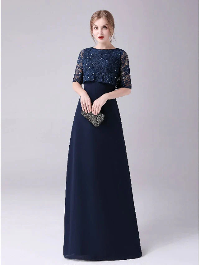 A-Line Mother of the Bride Dress Elegant Sweet Jewel Neck Floor Length Chiffon Half Sleeve with Lace Crystals