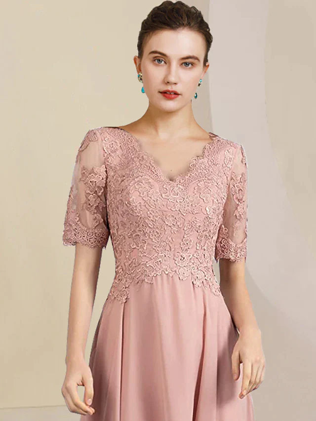 DingjiTwo Piece A-Line Mother of the Bride Dress Formal Wedding Guest Elegant High Low V Neck Asymmetrical Tea Length Chiffon Lace Short Sleeve Wrap Included with Pleats Appliques