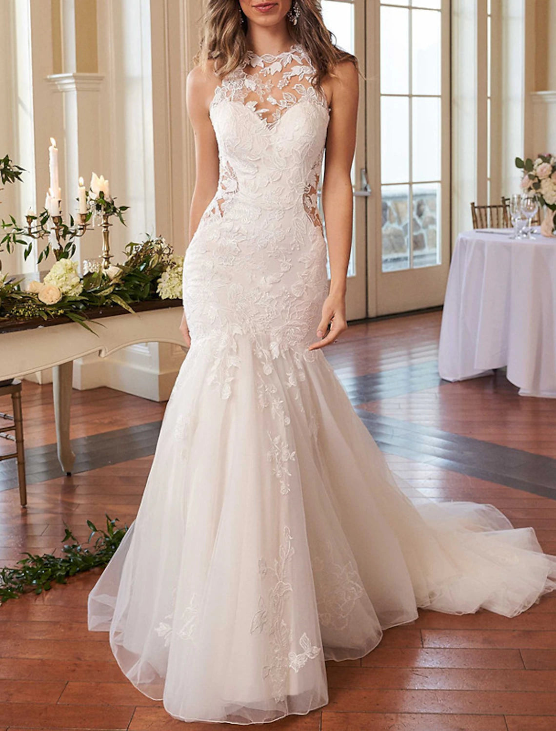 Engagement Open Back Formal Wedding Dresses Mermaid / Trumpet Halter Neck Sleeveless Court Train Satin Bridal Gowns With Appliques Solid Color