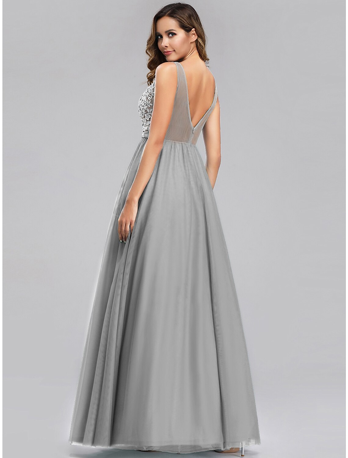 A-Line Empire Holiday Prom Dress V Neck V Back Sleeveless Floor Length Chiffon with Appliques