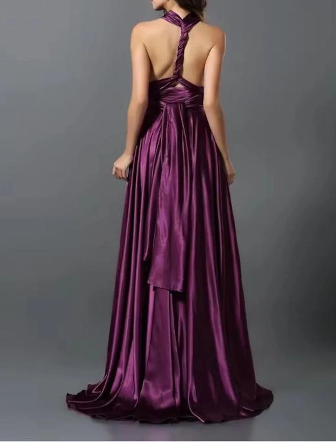 DingjiA-Line Wedding Guest Dresses Convertible Infinity Dress Party Wear Court Train Sleeveless One Shoulder Convertible Cotton Backless with Glitter Pleats Ruched