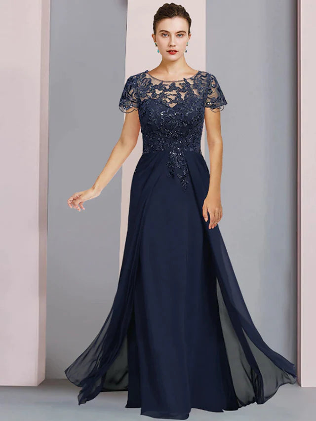 Sheath / Column Mother of the Bride Dress Formal Luxurious Elegant Scoop Neck Floor Length Chiffon Lace Short Sleeve with Sequin Appliques