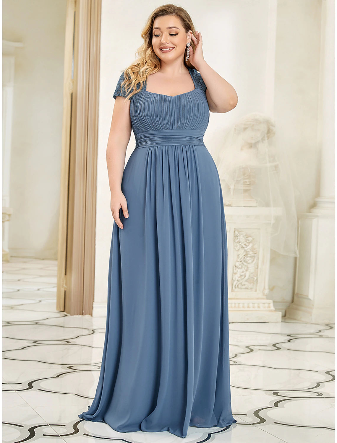 A-Line Evening Gown Plus Size Dress Wedding Guest Floor Length Short Sleeve Sweetheart Chiffon with Ruched