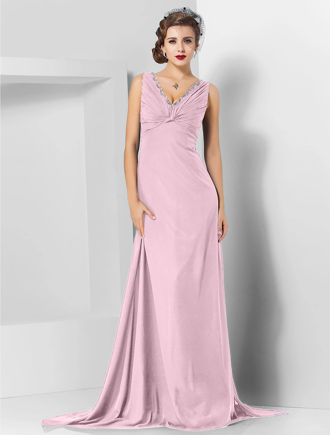 Sheath / Column Elegant Engagement Formal Evening Dress V Neck Sleeveless Sweep / Brush Train Chiffon with Crystals Draping