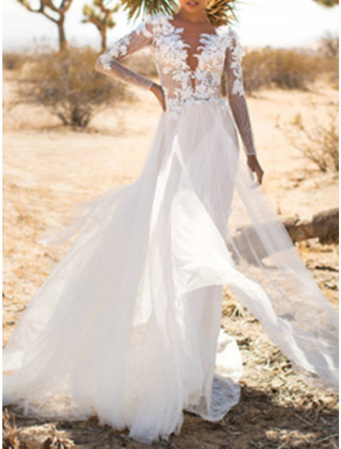 Beach Wedding Dresses A-Line V Neck Long Sleeve Sweep / Brush Train Lace Bridal Gowns With Appliques