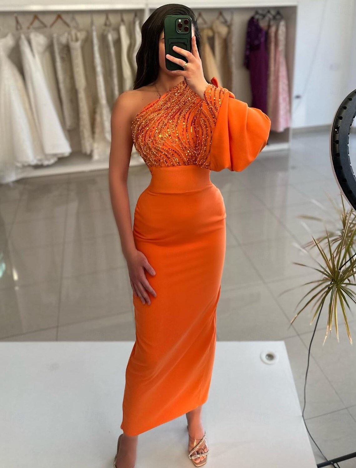 Sheath / Column Evening Gown Elegant Dress Formal Prom Floor Length Long Sleeve One Shoulder Satin with Crystals Sequin