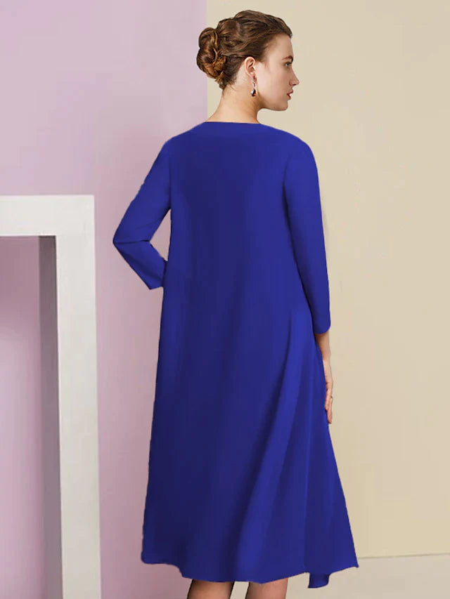 Two Piece Sheath / Column Mother of the Bride Dress Formal Wedding Guest Vintage Elegant V Neck Knee Length Chiffon Lace Half Sleeve Jacket Dresses with Appliques