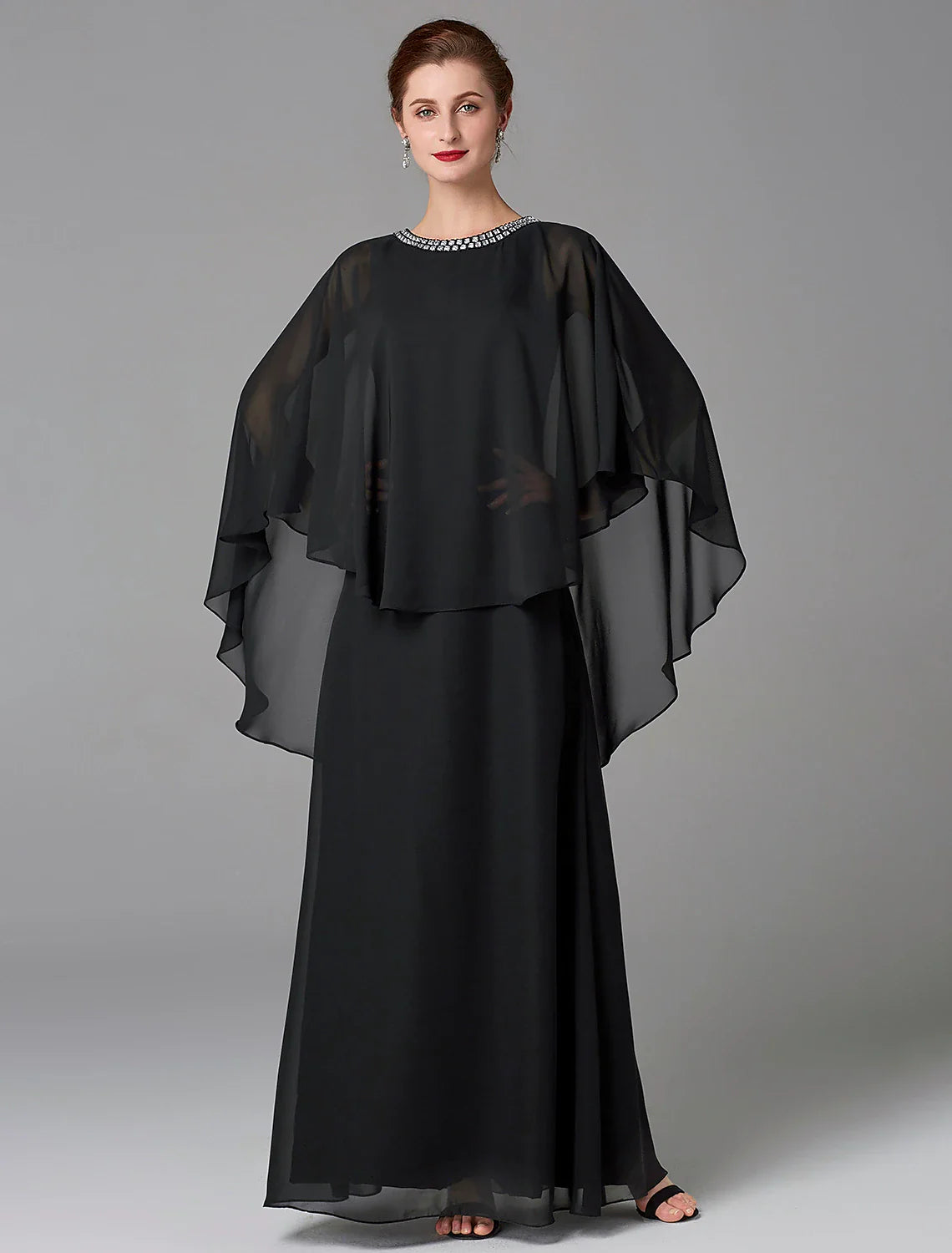 A-Line Mother of the Bride Dress Wedding Guest Elegant Cape Dress Plus Size Jewel Neck Floor Length Chiffon Sleeveless with Beading