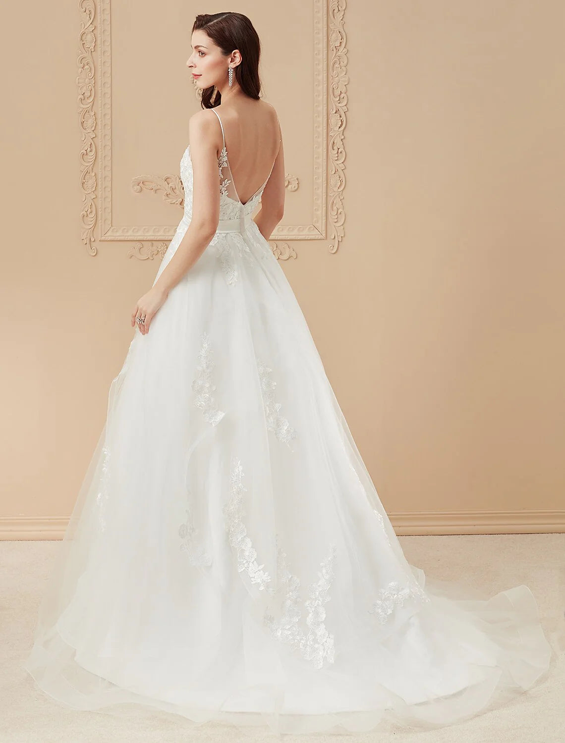 DingjiBall Gown Wedding Dresses V Neck Sweep / Brush Train Satin Tulle Over Lace Spaghetti Strap Romantic Illusion Detail Backless with Ruffles Appliques