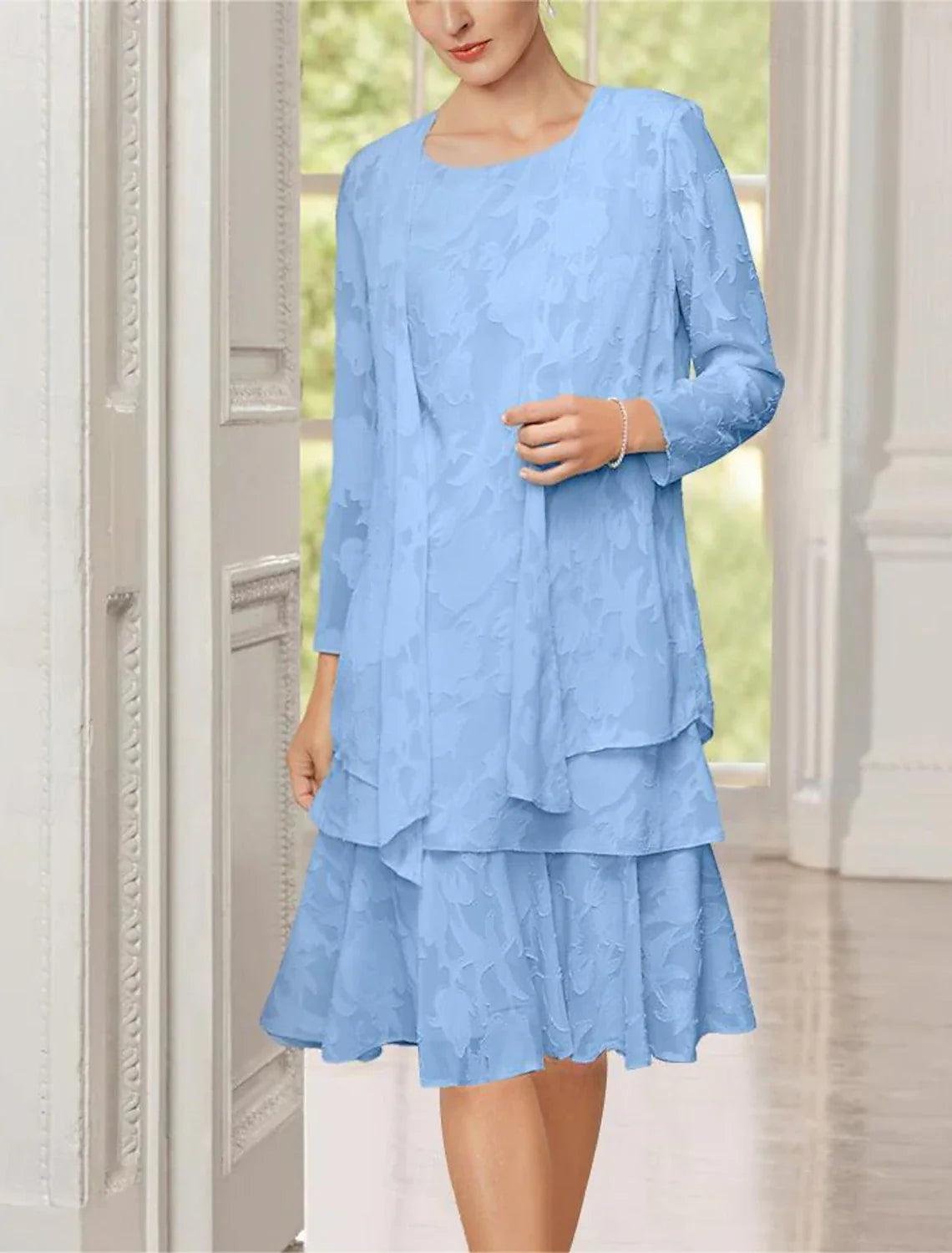 A-Line Mother of the Bride Dress Formal Wedding Guest Elegant Scoop Neck Tea Length Chiffon Long Sleeve with Cascading Ruffles