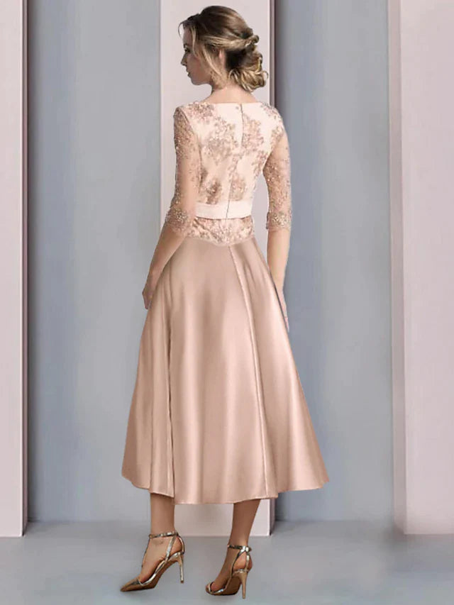 A-Line Mother of the Bride Dress Formal Wedding Guest Vintage Party Elegant Scoop Neck Tea Length Satin Lace Half Sleeve with Appliques Flower