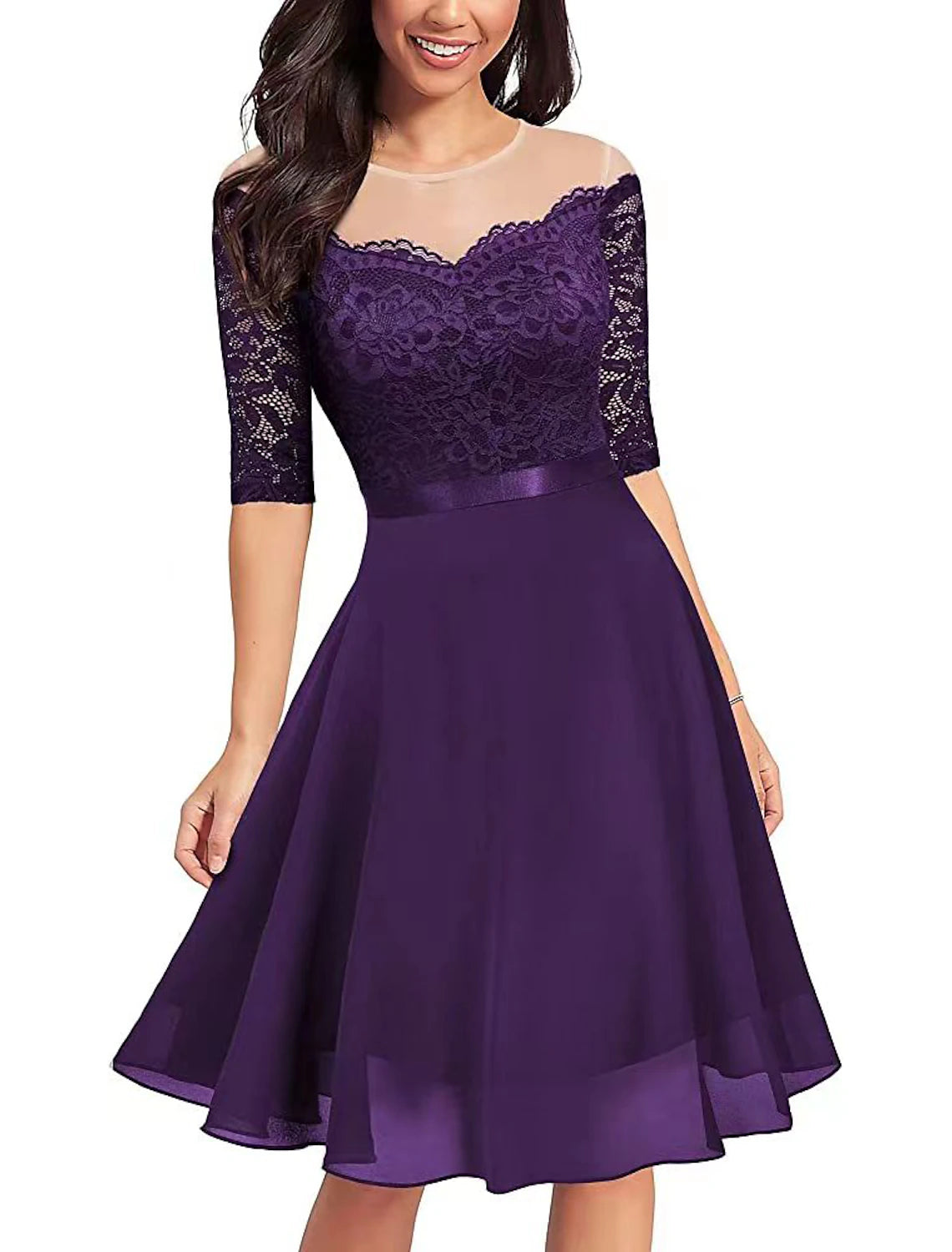 A-Line Cocktail Dresses Vintage Dress Party Wear Knee Length Half Sleeve Jewel Neck Fall Wedding Guest Lace with Pleats