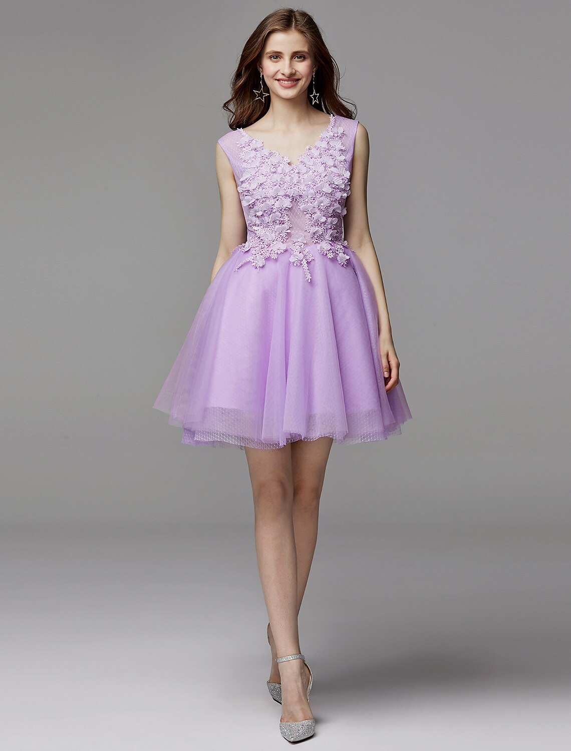 A-Line Party Dress Homecoming Short / Mini Sleeveless V Neck Lace Over Tulle with Crystals Appliques