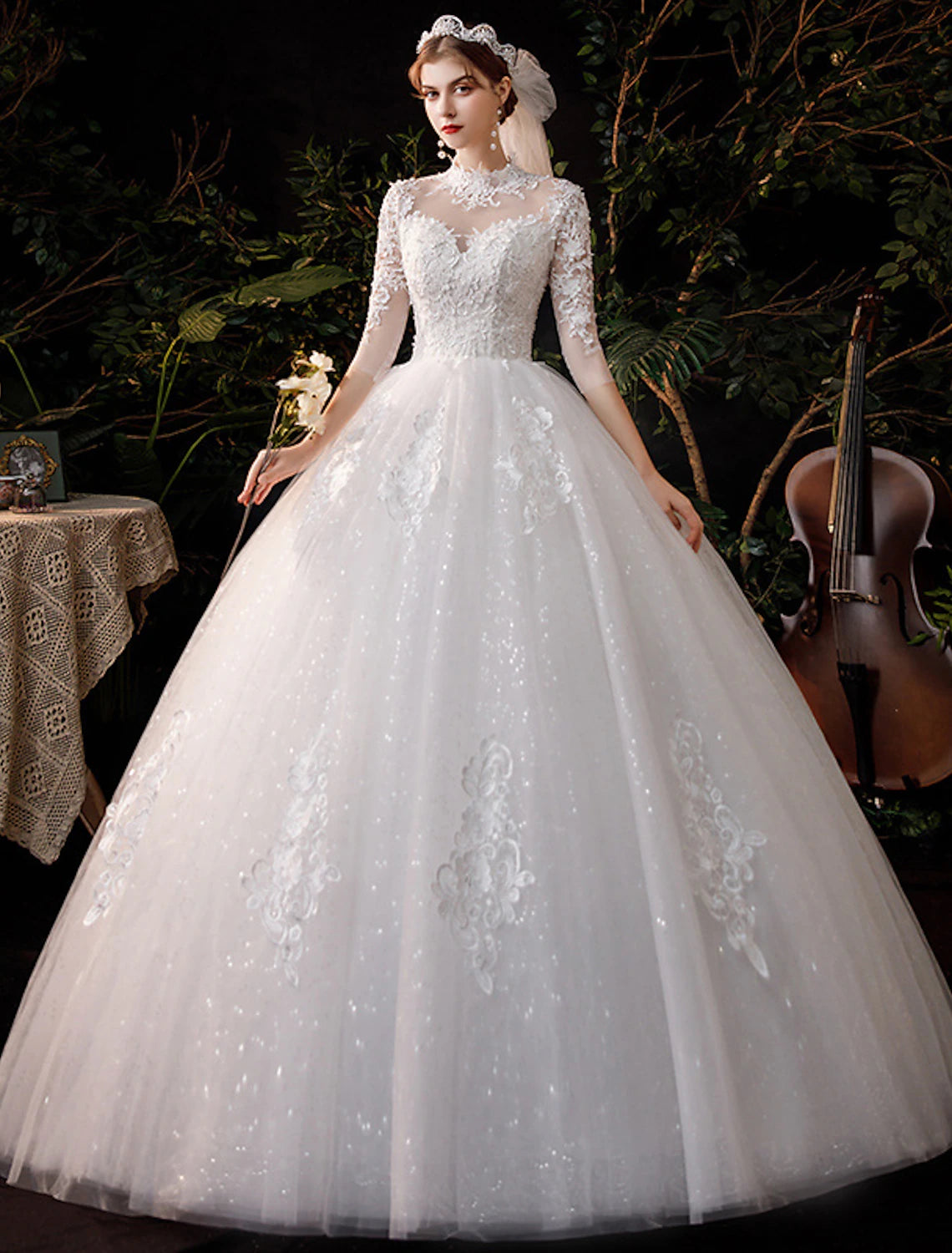 Wedding Dresses Floor Length Ball Gown Half Sleeve High Neck Lace With Appliques Bridal Gowns