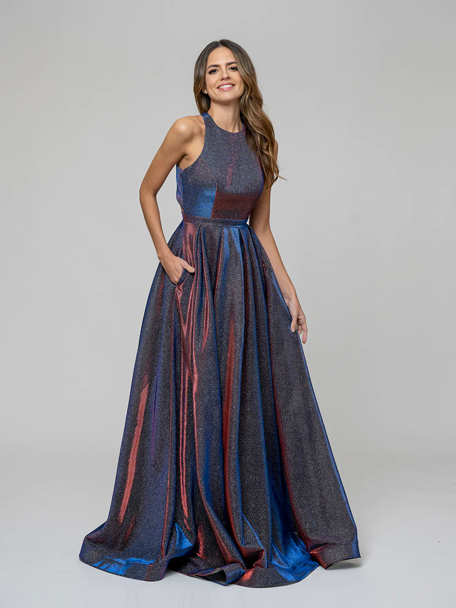 A Line Floor Length Sleeveless Glitter Prom Dresses With Crisscross Back