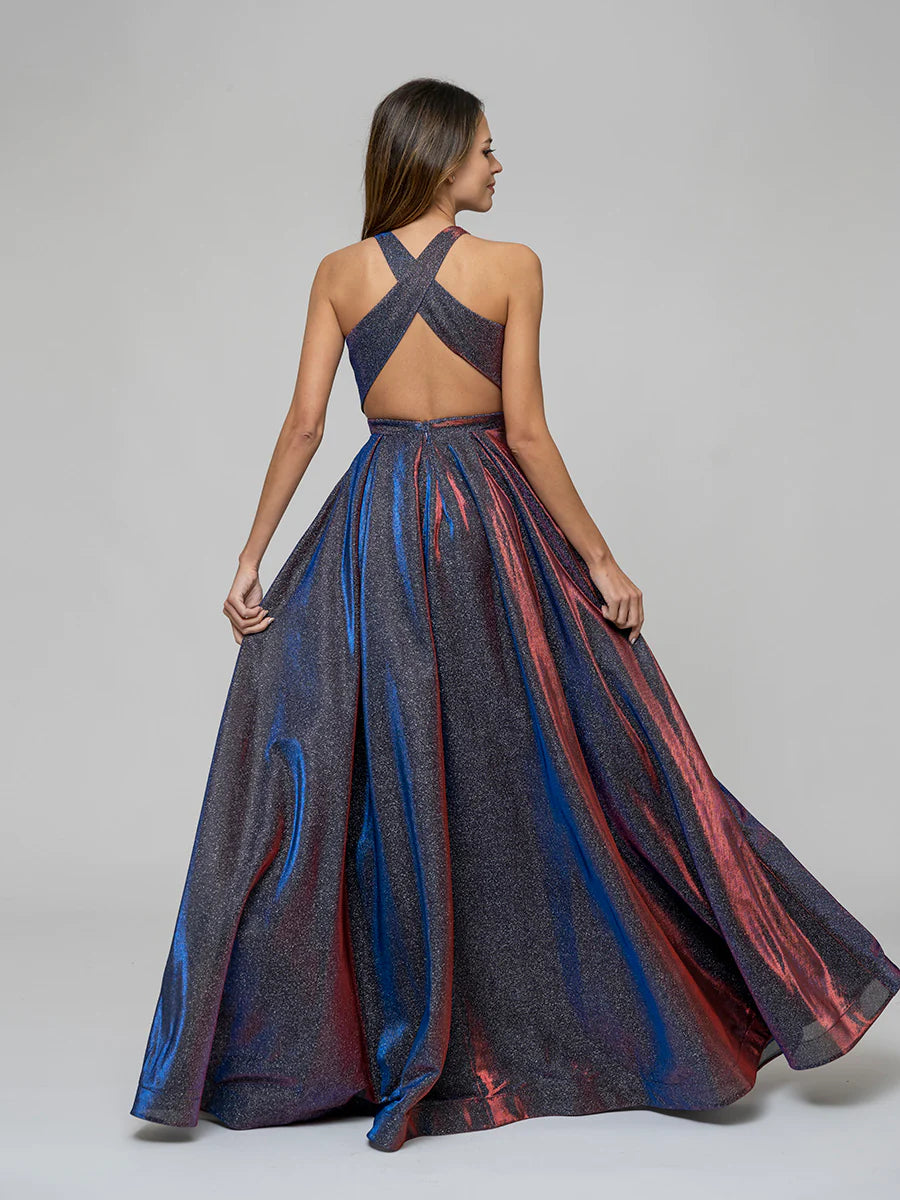 A Line Floor Length Sleeveless Glitter Prom Dresses With Crisscross Back