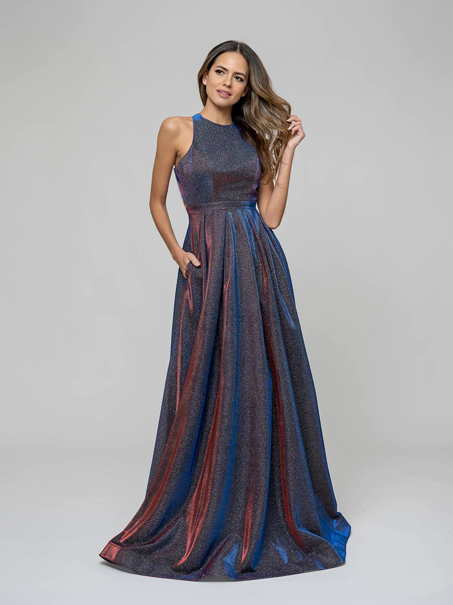 A Line Floor Length Sleeveless Glitter Prom Dresses With Crisscross Back