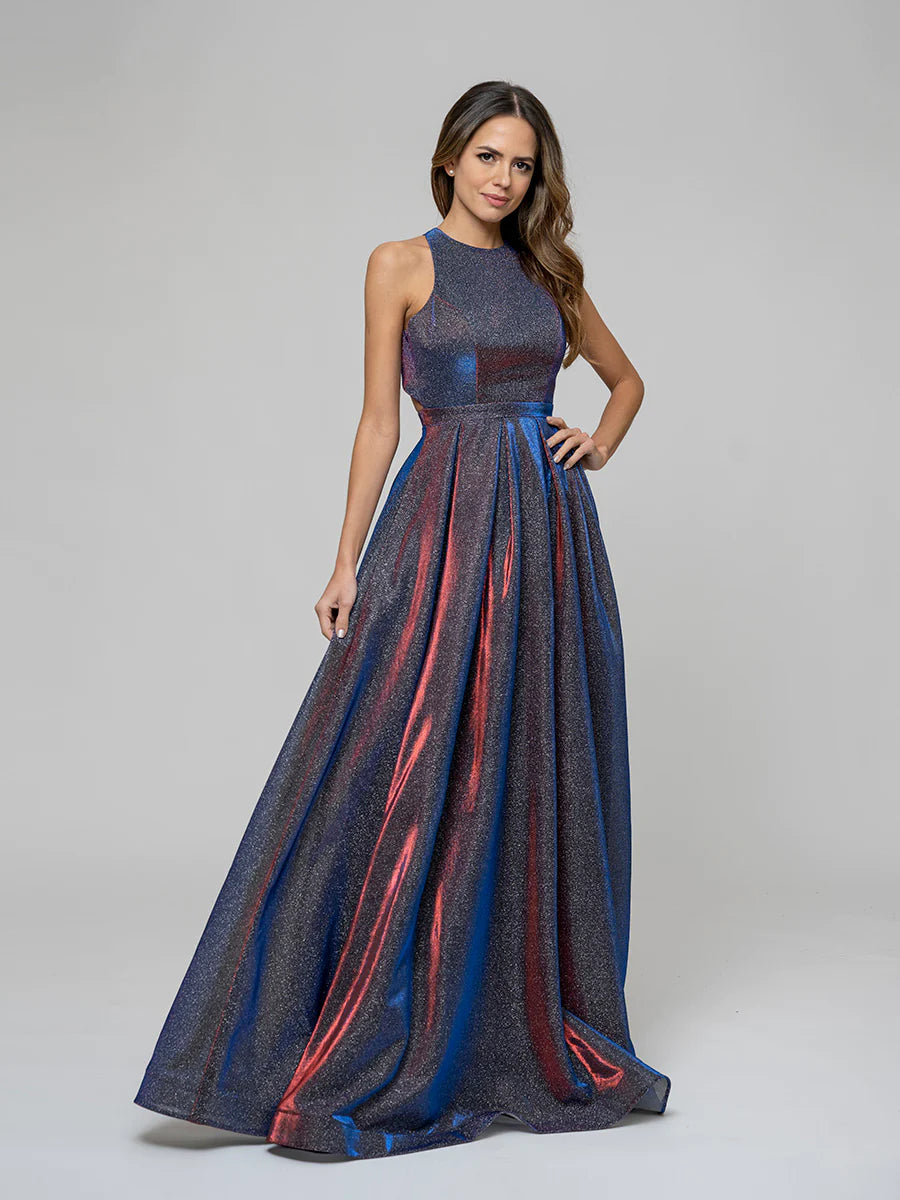 A Line Floor Length Sleeveless Glitter Prom Dresses With Crisscross Back