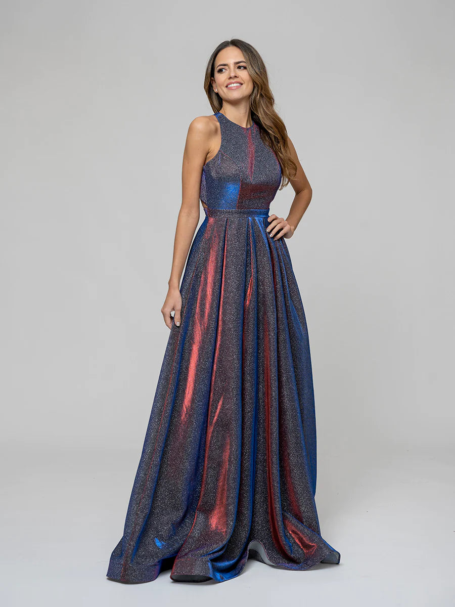 A Line Floor Length Sleeveless Glitter Prom Dresses With Crisscross Back