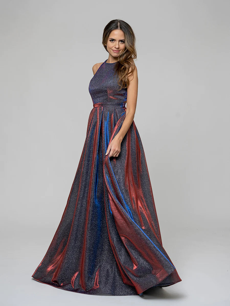 A Line Floor Length Sleeveless Glitter Prom Dresses With Crisscross Back