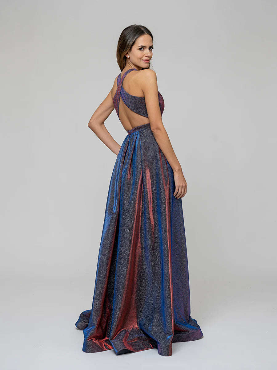 A Line Floor Length Sleeveless Glitter Prom Dresses With Crisscross Back