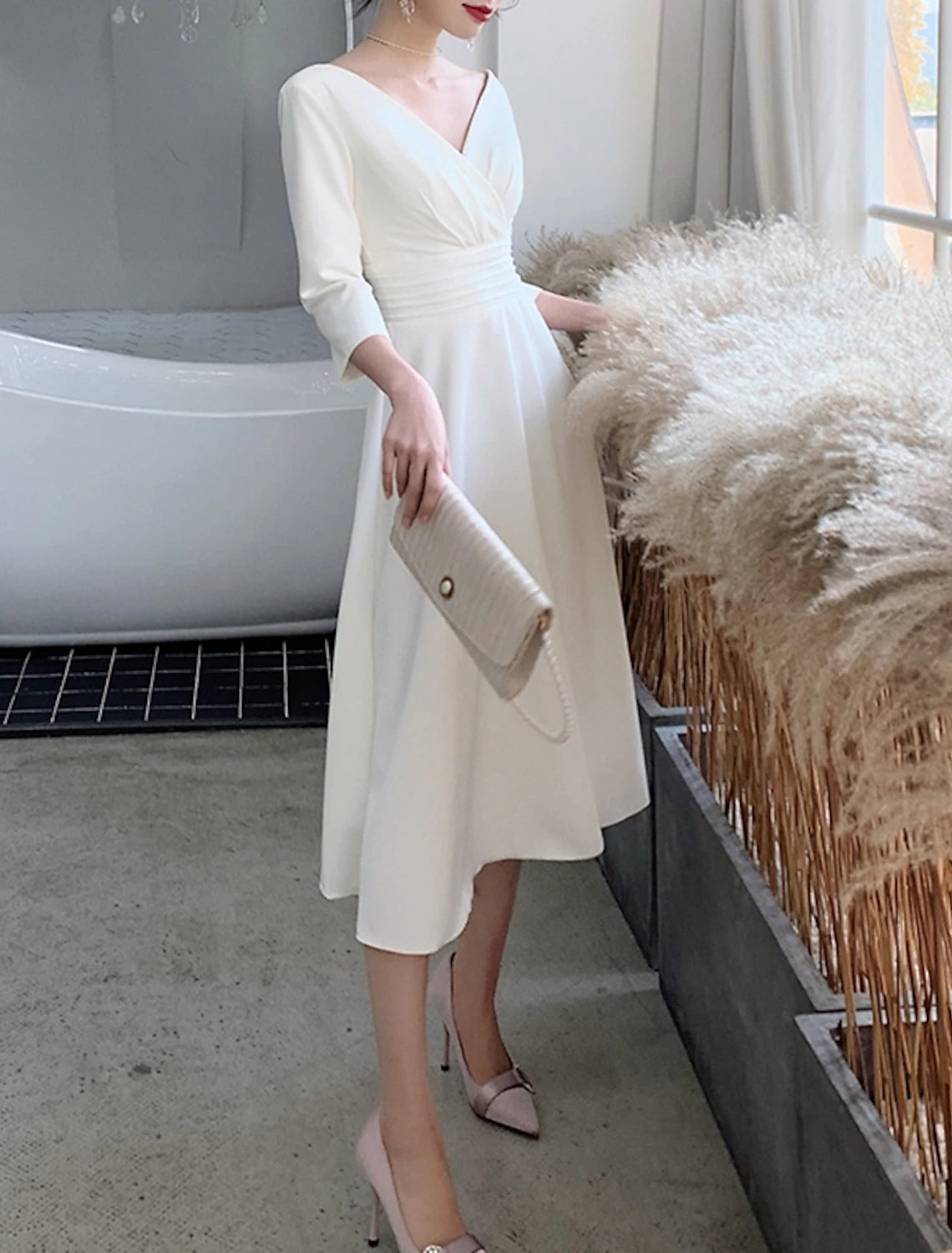 Reception Little White Dresses Wedding Dresses A-Line V Neck 3/4 Length Sleeve Knee Length Stretch Fabric Bridal Gowns With