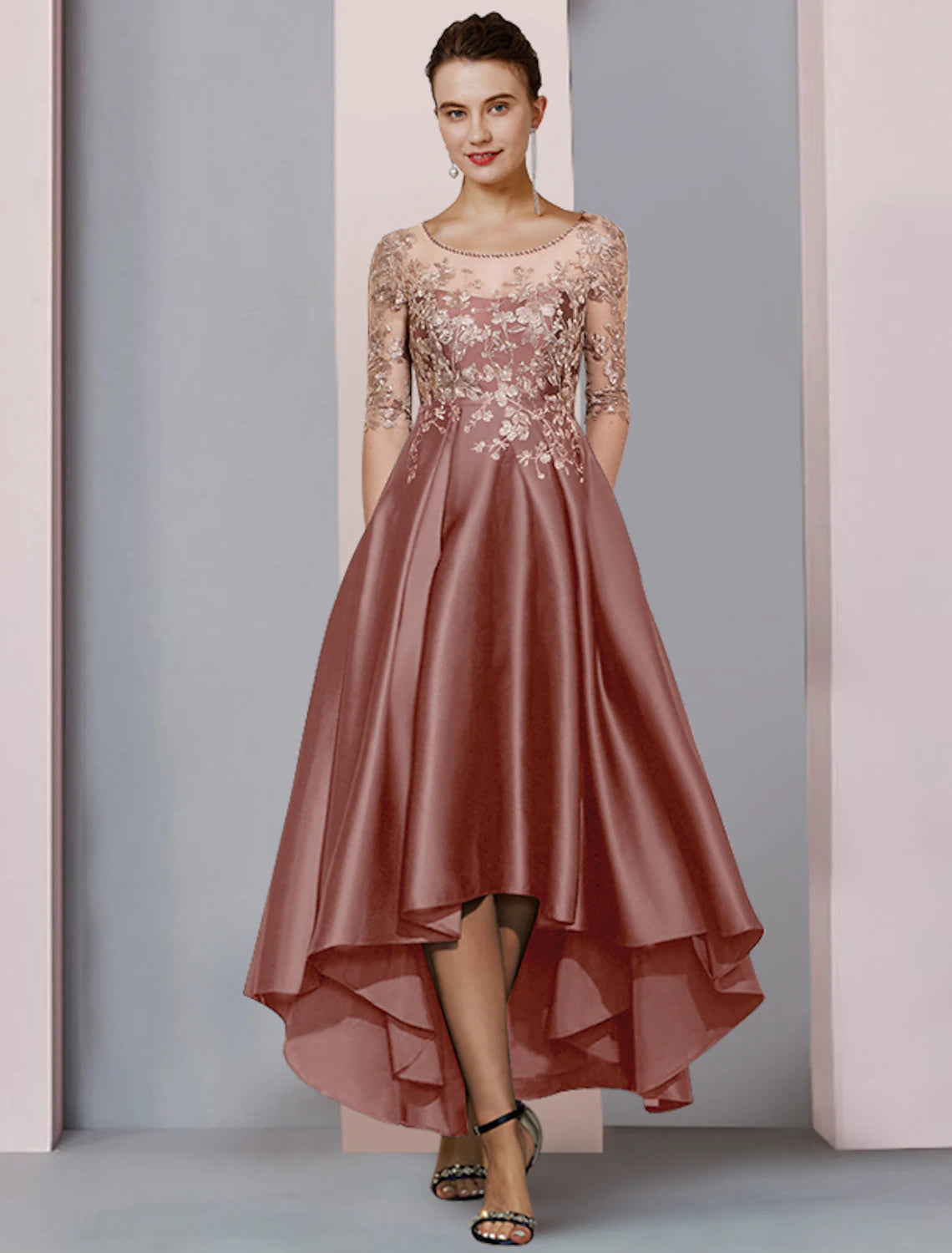 A-Line Mother of the Bride Dress Formal Wedding Guest Party Elegant High Low Scoop Neck Asymmetrical Tea Length Satin Lace Half Sleeve with Pleats Beading Appliques 2023