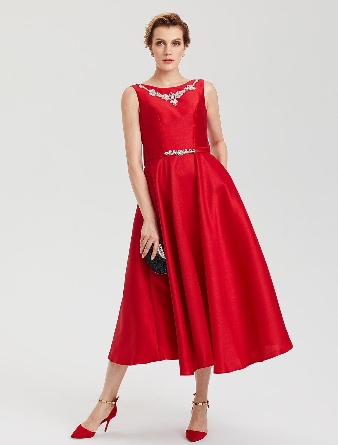 A-Line Elegant Open Back Evening Party Formal Dress Jewel Neck Sleeveless Tea Length Satin with Rhinestone Crystal Sash / Ribbon