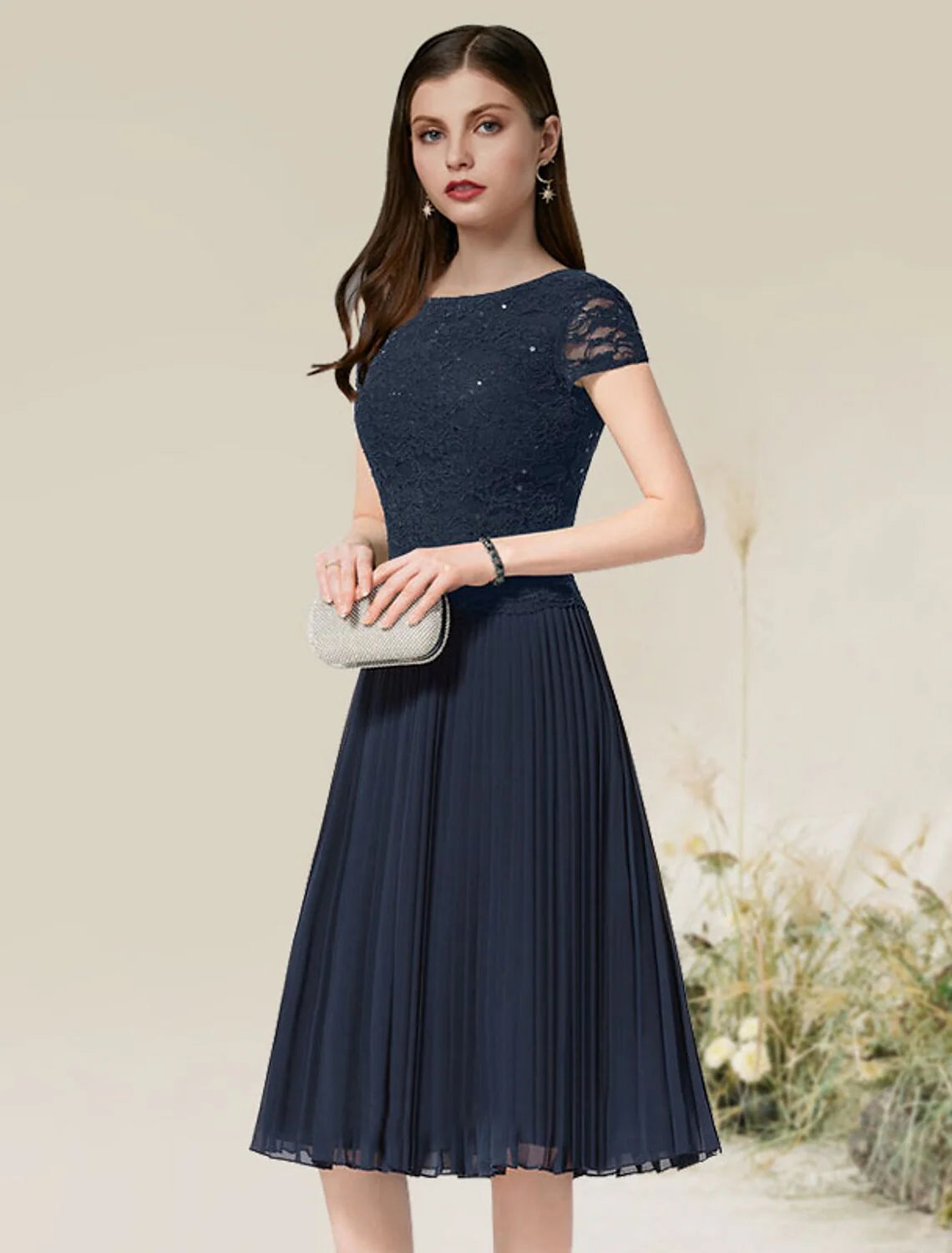 DingjiA-Line Cocktail Dresses Flirty Dress Homecoming Wedding Guest Tea Length Short Sleeve Jewel Neck Chiffon with Pleats