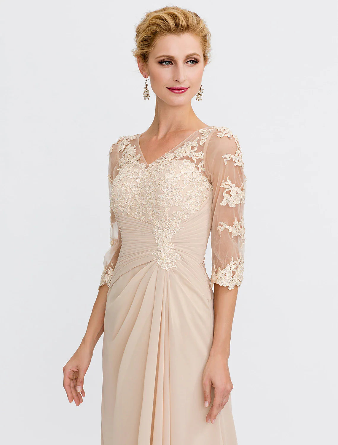 DingjiA-Line Mother of the Bride Dress Fall Wedding Guest Dresses Plus Size Elegant See Through V Neck Floor Length Chiffon Half Sleeve with Appliques Side Draping