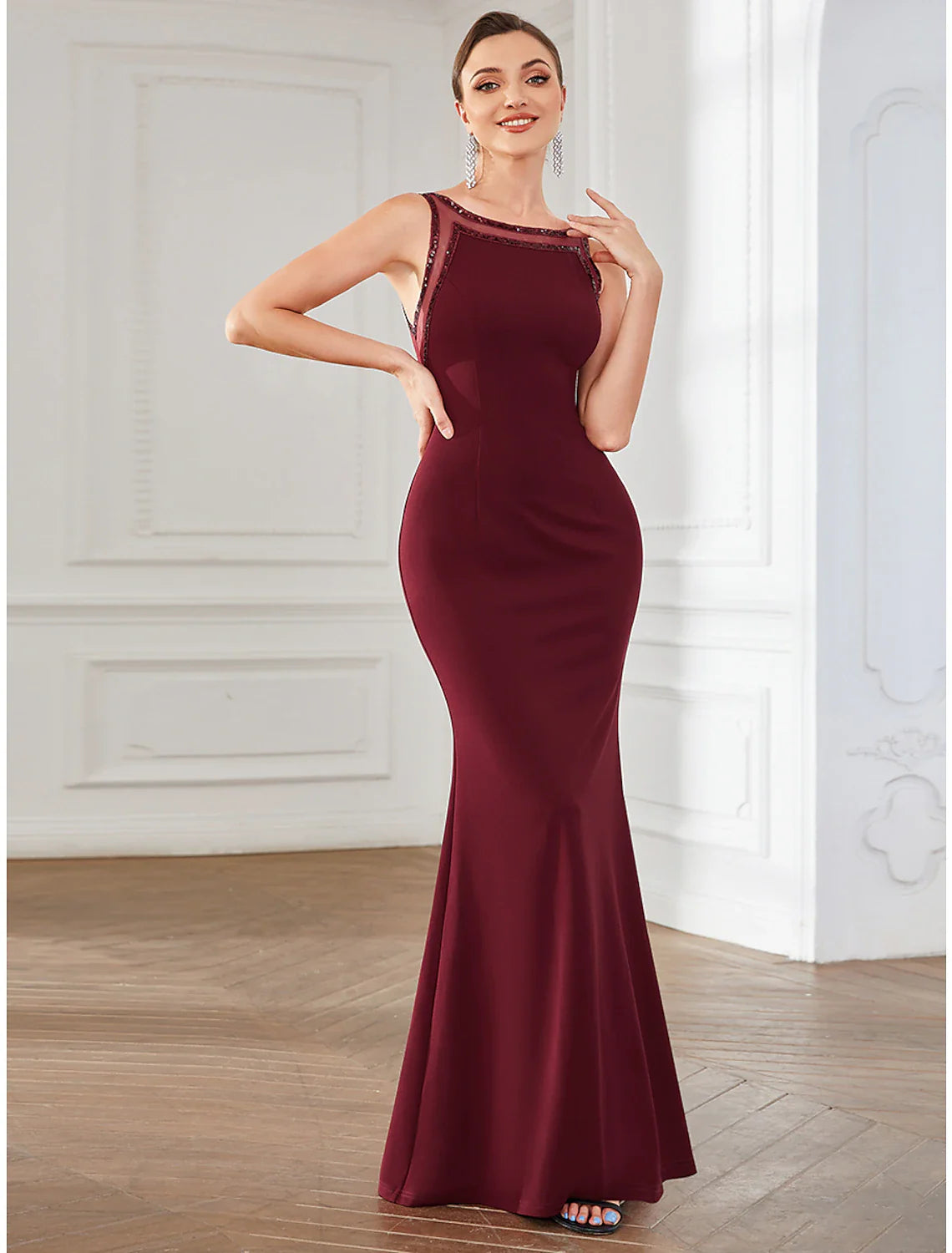 DingjiMermaid / Trumpet Party Dresses Elegant Dress Party Wear Floor Length Sleeveless Jewel Neck Polyester with Crystals