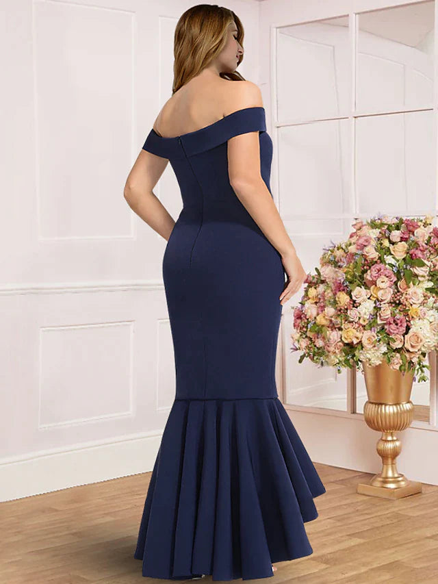 Plus Size Curve Mother of the Bride Dress Wedding Guest Party Elegant Off Shoulder Asymmetrical Stretch Fabric Cap Sleeve with Pleats Solid Color
