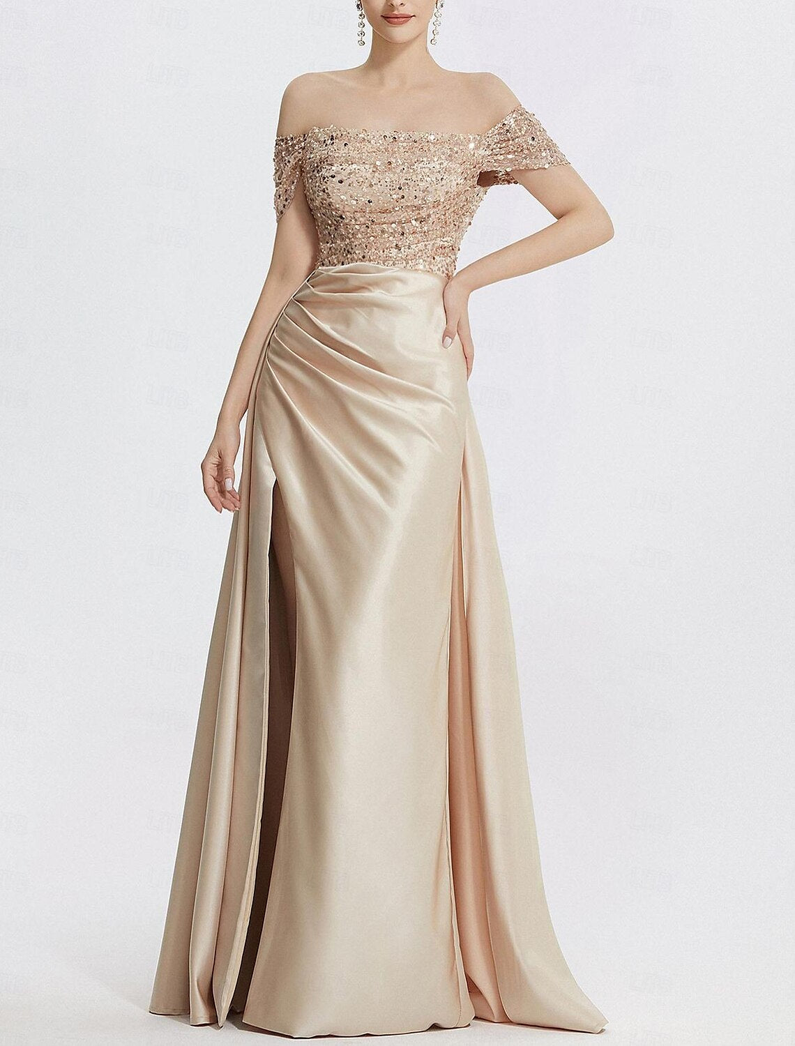 Sheath / Column Evening Gown Elegant Dress Formal Floor Length Short Sleeve Off Shoulder Sequined with Glitter Pleats Slit