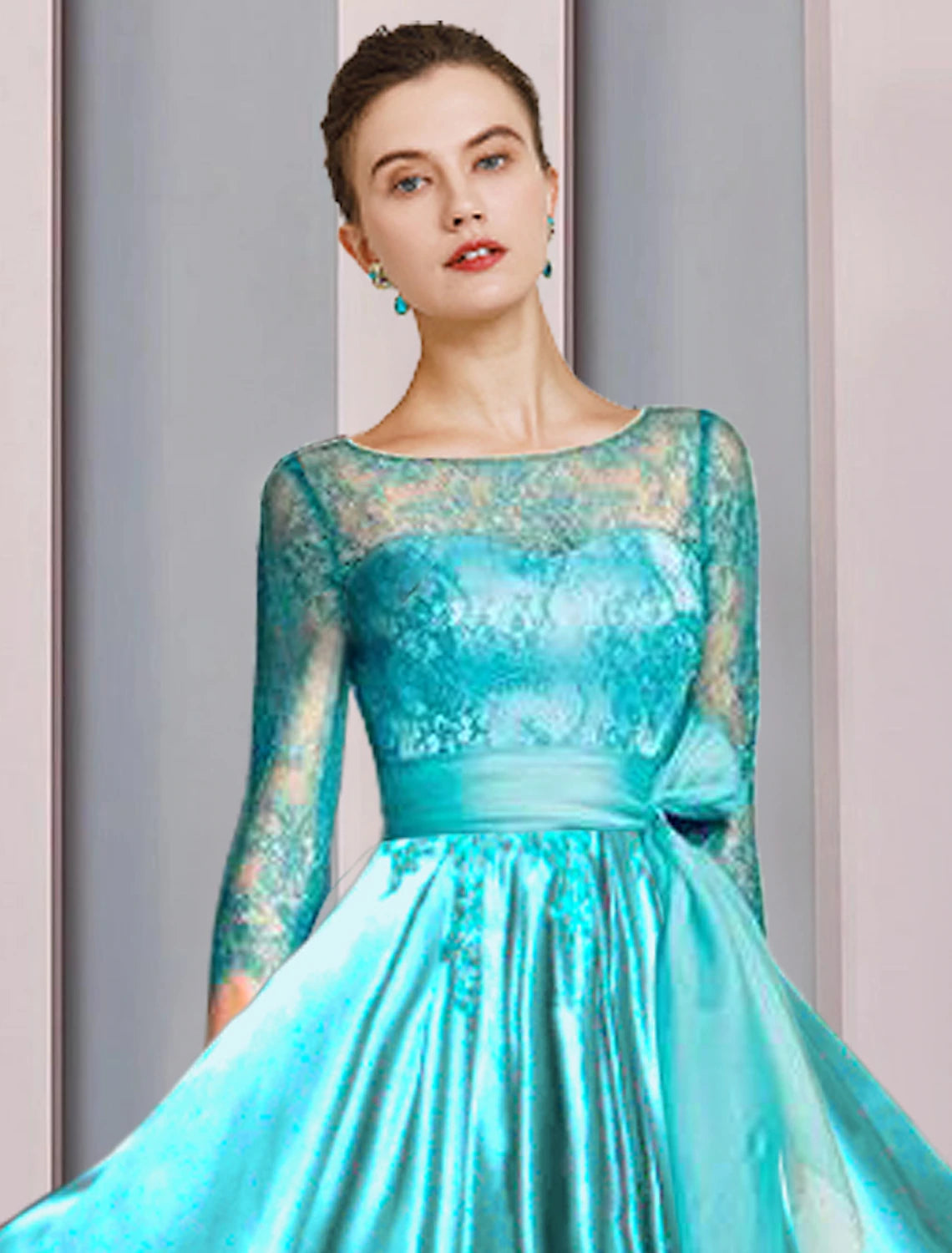 A-Line Mother of the Bride Dress Formal Wedding Guest Party Elegant Scoop Neck Ankle Length Satin Lace 3/4 Length Sleeve with Bow(s) Pleats 2023