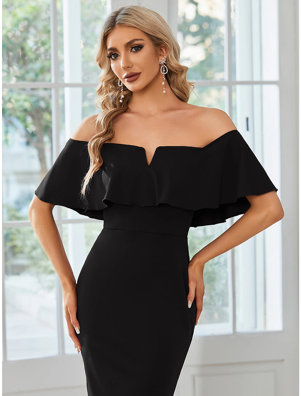 Sheath / Column Wedding Guest Dresses Minimalist Dress Party Wear Tea Length Short Sleeve Off Shoulder Stretch Fabric with Slit Pure Color