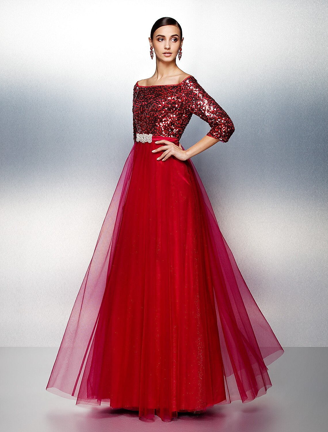 A-Line Bateau Neck / Boat Neck Floor Length Tulle / Sequined Sparkle & Shine / Beaded & Sequin Prom / Formal Evening Dress with Sash / Ribbon / Sequin