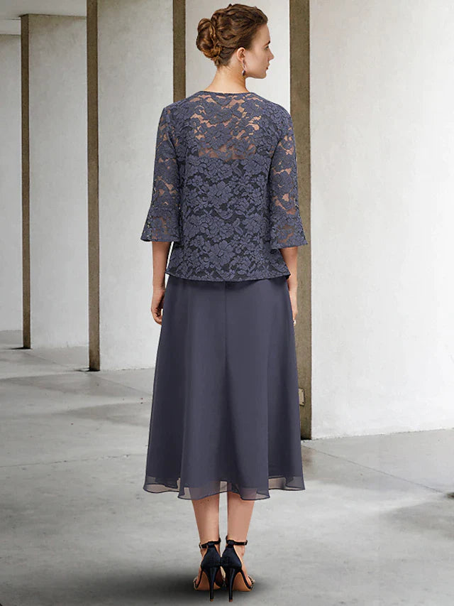 A-Line 3 Piece Mother of the Bride Dress Plus Size Elegant Square Neck Tea Length Chiffon Lace Sleeveless Wrap Included Jacket Dresses with Crystals Ruffles