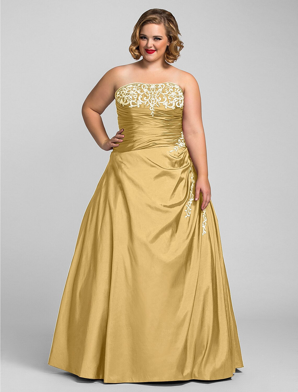 Ball Gown Plus Size Prom Formal Evening Dress Strapless Sleeveless Floor Length Taffeta with Beading Appliques