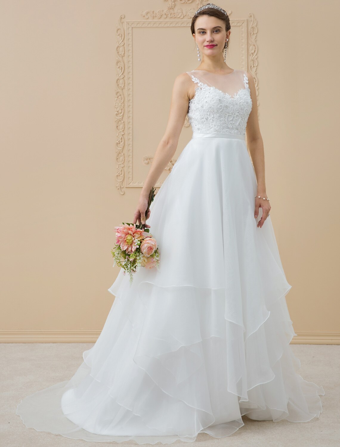 Wedding Dresses A-Line Bateau Neck Regular Straps Sweep / Brush Train Chiffon Bridal Gowns With Appliques