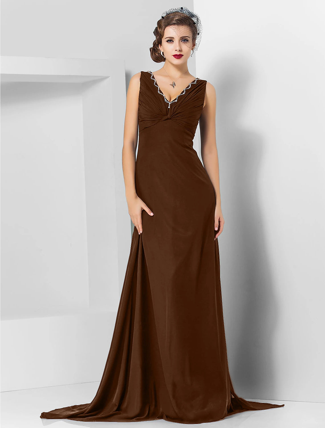 Sheath / Column Elegant Engagement Formal Evening Dress V Neck Sleeveless Sweep / Brush Train Chiffon with Crystals Draping