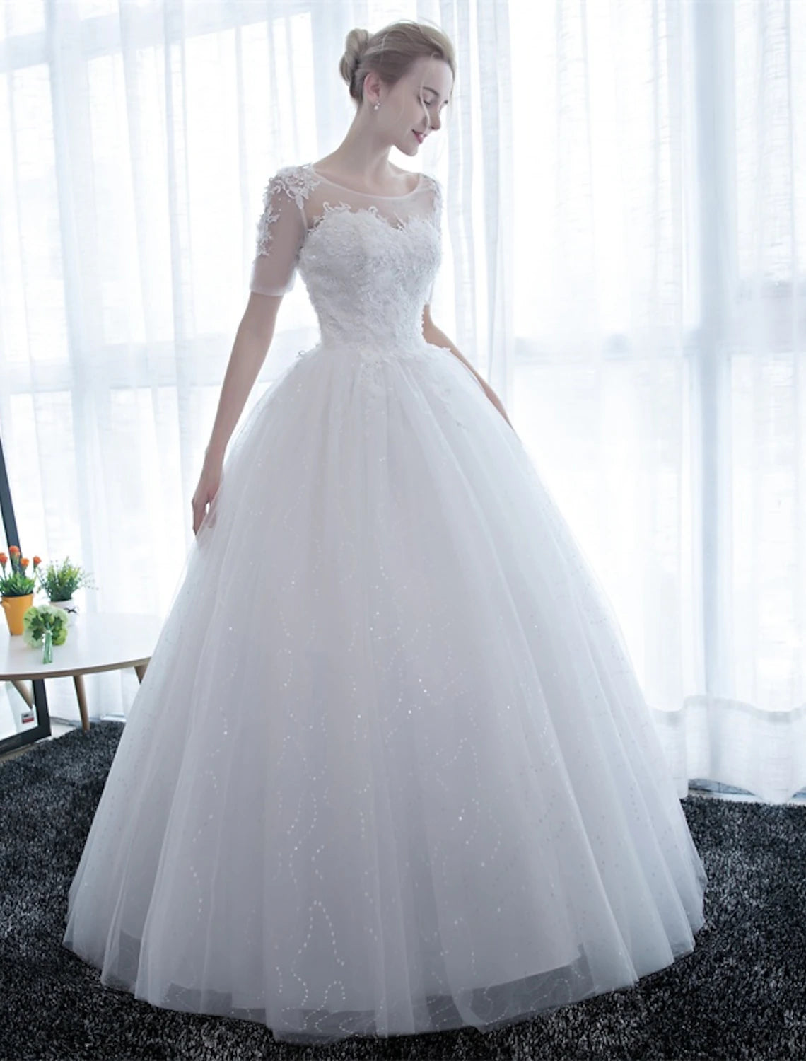 Reception Formal Wedding Dresses Ball Gown Illusion Neck Half Sleeve Floor Length Satin Bridal Gowns With Lace Summer Wedding Party