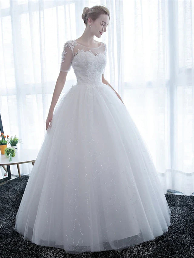 DingjiEngagement Formal Wedding Dresses Floor Length Ball Gown Half Sleeve Illusion Neck Satin With Lace
