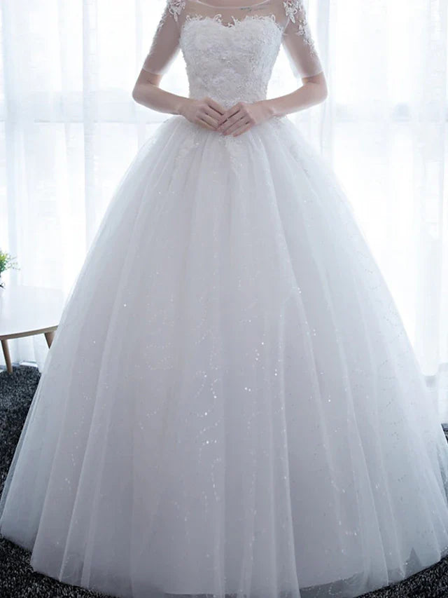 DingjiEngagement Formal Wedding Dresses Floor Length Ball Gown Half Sleeve Illusion Neck Satin With Lace