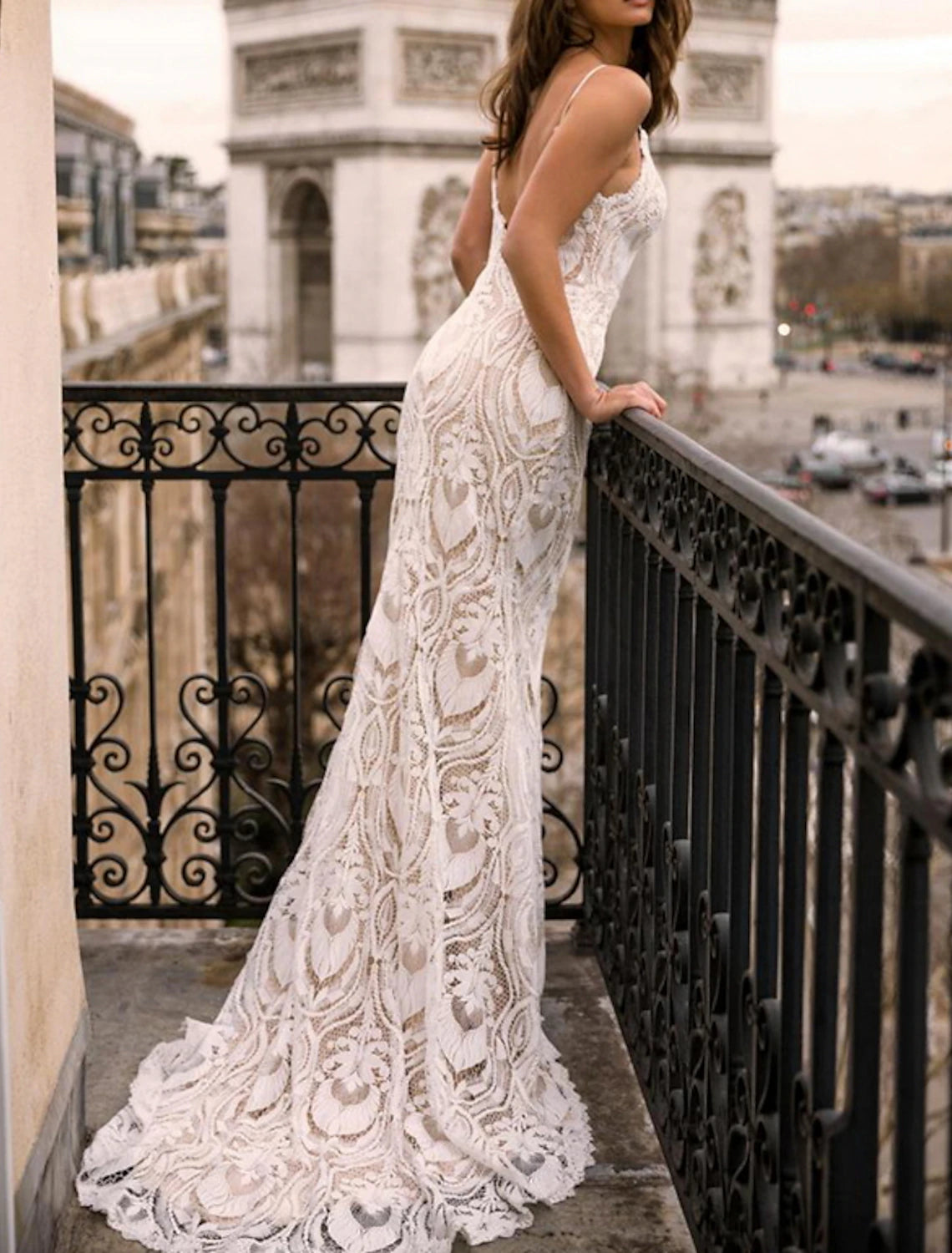 Beach Boho Wedding Dresses Sheath / Column Off Shoulder 3/4 Length Sleeve Sweep / Brush Train Lace Bridal Gowns With Appliques