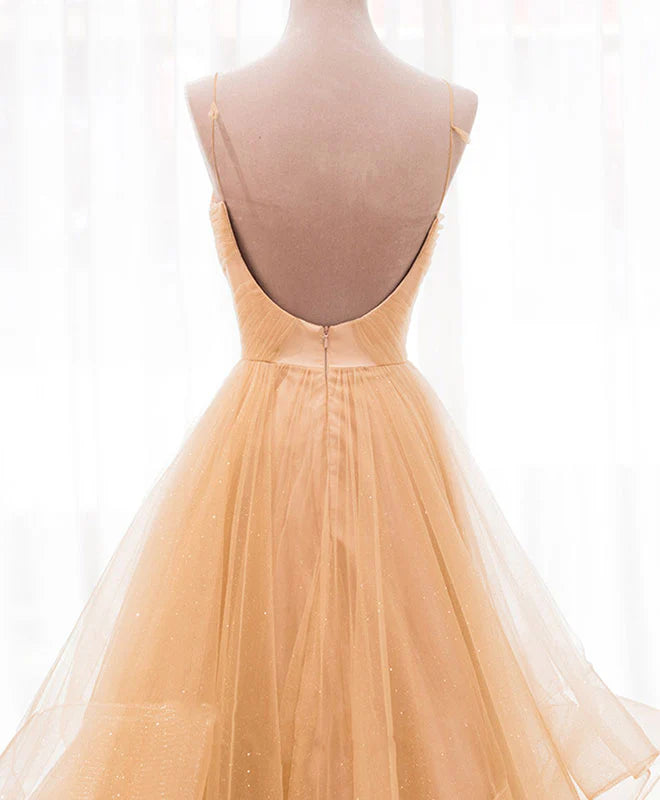 V Neck Tulle A-Line Long Prom Dress Tulle Formal Dress
